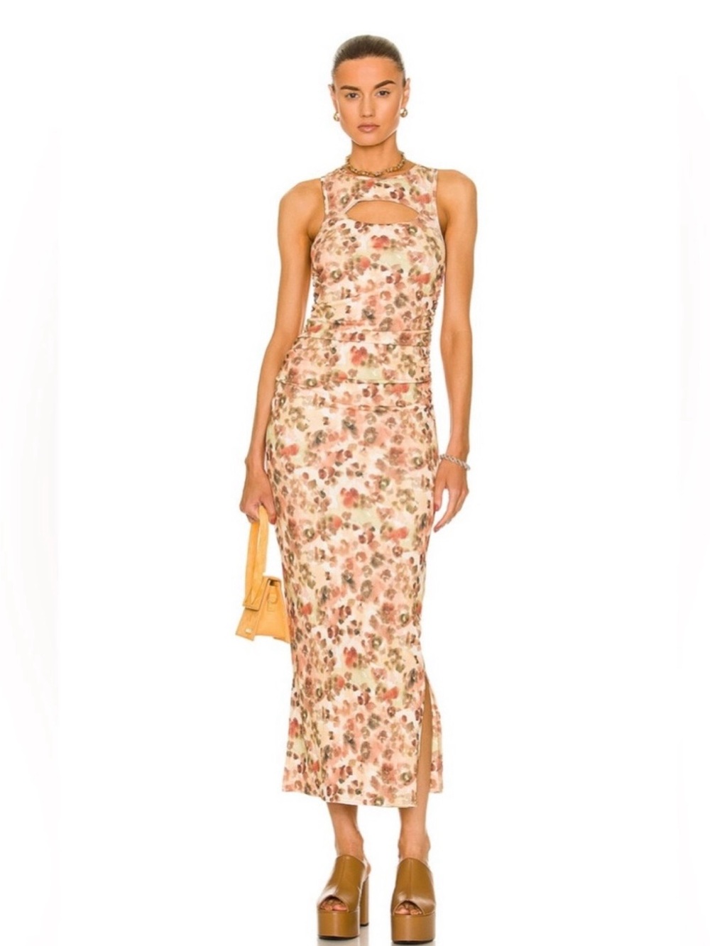 Nanushka Sleeveless Floral Cutout Maxi Dress in Brown and Tan